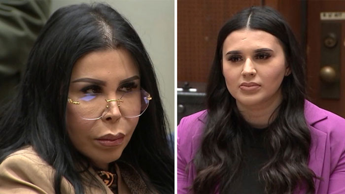 Two women in court, one wearing glasses, related to case of fake plastic surgeon and botched silicone injections.