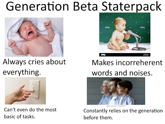 Humorous Generation Beta statterpack with babies and toddlers illustrating generation name chaos for Gen X, Gen Z, Gen Alpha.