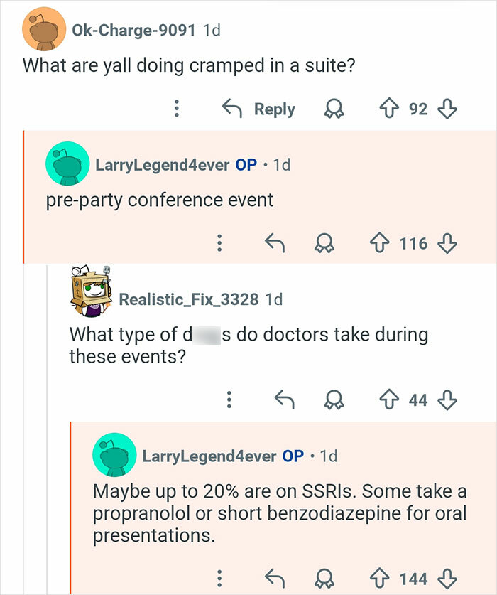 Reddit comments discussing doctors, medications like SSRIs and benzodiazepines during events in a casual online AMA.