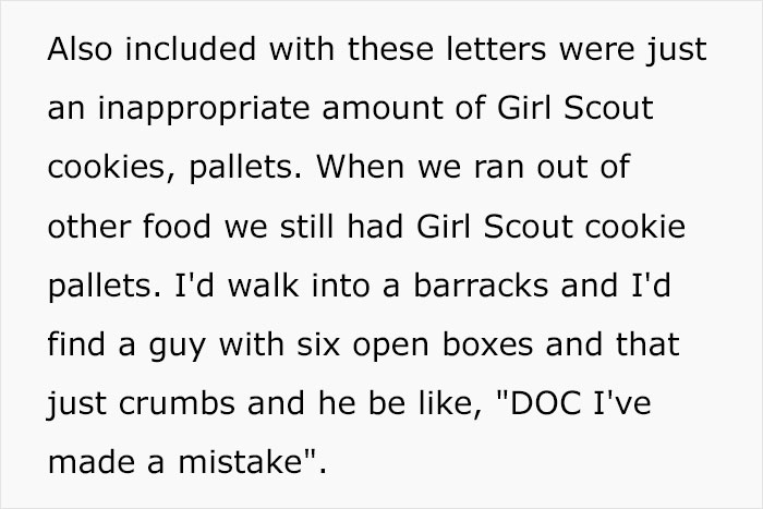 Excerpt of U.S. soldiers revealing hilarious and savage letters kids send, including stories of Girl Scout cookie pallets.