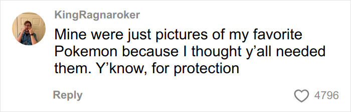 Text comment about kids sending pictures of Pokemon to U.S. soldiers for protection, showing funny and savage letters.