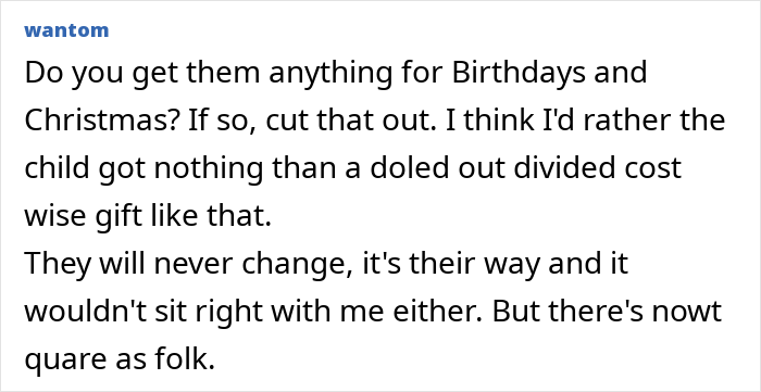 Comment discussing grandparents combining birthday and Christmas gifts, expressing disappointment about the combined gift approach.