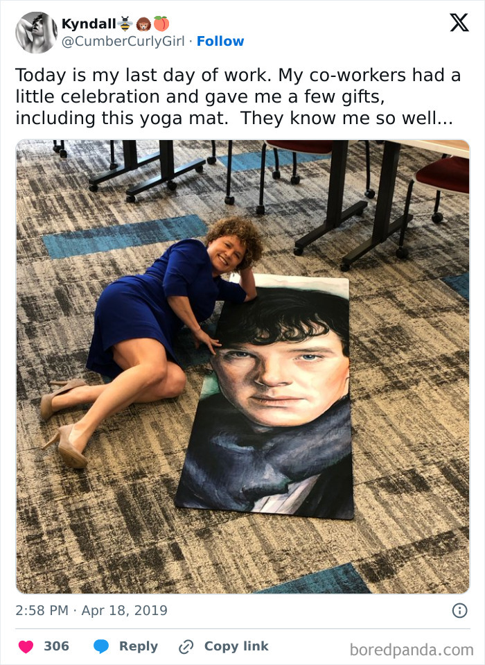 Woman lying on office floor smiling next to a custom yoga mat gifted by co-workers, part of employee pranks and jokes.