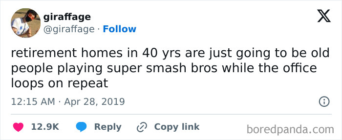 Tweet about retirement homes in 40 years filled with old people playing Super Smash Bros, fitting funny memes for dads who game in peace.