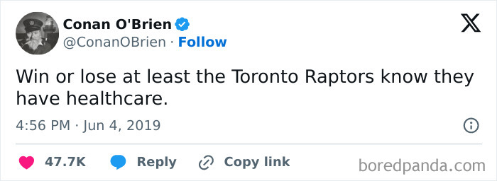 Tweet by Conan O’Brien roasting America with a humorous comment about Toronto Raptors and healthcare in Canada.