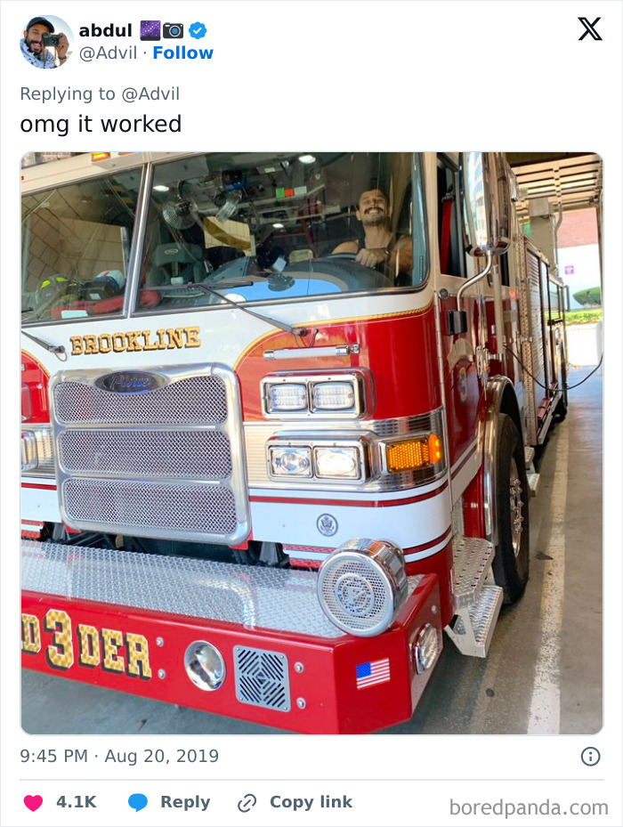 Person sitting inside a red and white firetruck smiling, showcasing people turning their big and small dreams into reality.