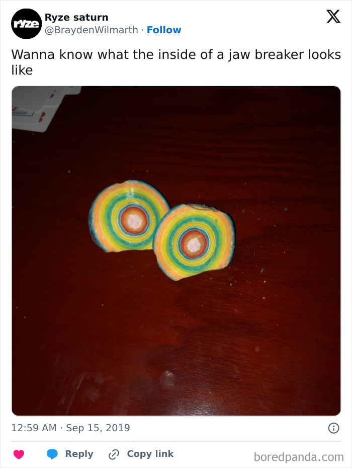 Inside view of a jawbreaker showing colorful layered patterns from the collection of object insides you might not have known.