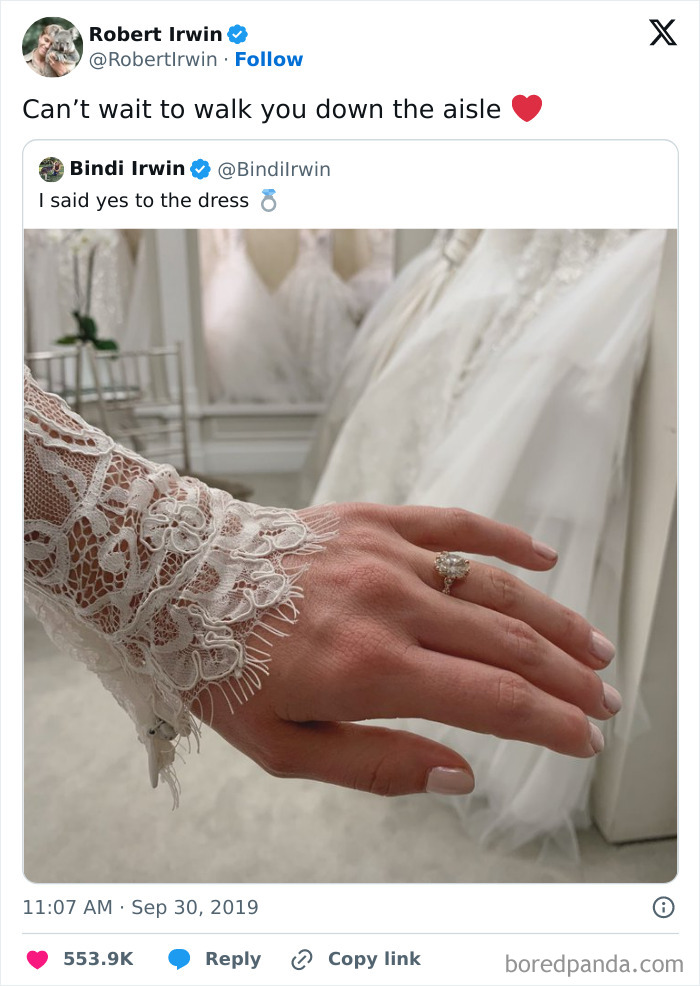 Close-up of a hand with an engagement ring wearing a lace wedding dress sleeve, celebrating sibling gratitude moments.