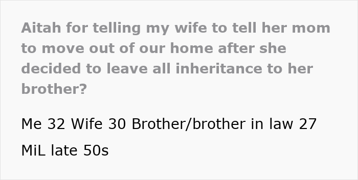 A man supports and houses his in-laws, upset when his mother-in-law excludes his wife from the inheritance will.