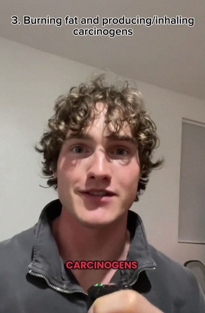 Young man explains burning fat and producing carcinogens related to wild American food creations seen online. Young man explains burning fat and producing carcinogens related to wild American food creations seen online.