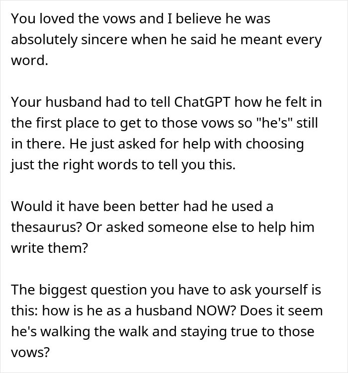 Text explaining a husband using ChatGPT to write groom’s vows, raising questions about sincerity and feelings. Text explaining a husband using ChatGPT to write groom’s vows, raising questions about sincerity and feelings.