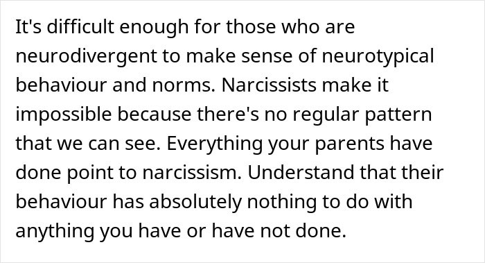 Text about neurodivergent challenges and narcissistic parents ignoring autistic brother's creepy behavior in entitled families