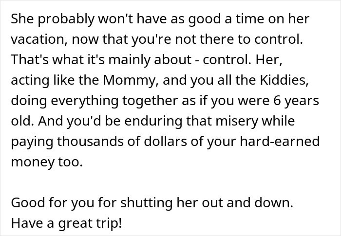 Text discussing a mother-in-law joining a couple on vacation and the control issues that arise during the trip.