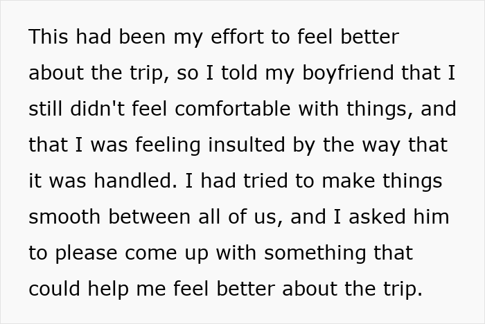 Text excerpt describing a woman expressing discomfort after a trip, relating to a guy refusing to accept break-up. Text excerpt describing a woman expressing discomfort after a trip, relating to a guy refusing to accept break-up.