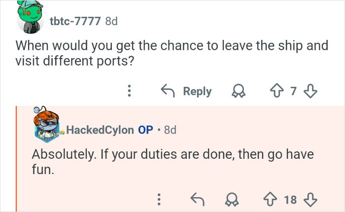 Comment conversation on cruise ship employees sharing behind the scenes about leaving the ship to visit different ports.