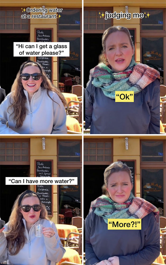 American in Germany surprised by waiter's reaction when asking for more water at restaurant, showing unexpected cultural differences.
