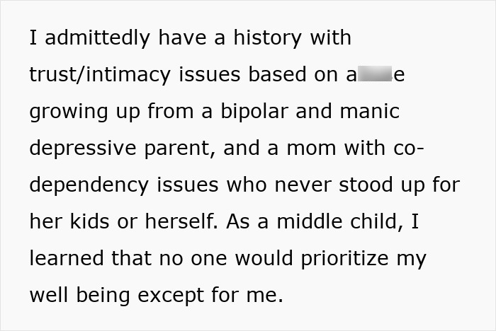 Text about trust and intimacy issues from a bipolar and manic depressive parent influencing prioritizing personal well-being. Text about trust and intimacy issues from a bipolar and manic depressive parent influencing prioritizing personal well-being.