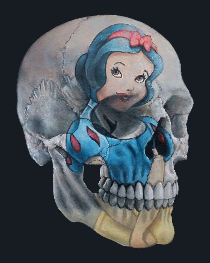 Skull painting blending creepy art with a vintage cartoon character, showcasing horror-inspired surreal artwork by Tyler Tilley.