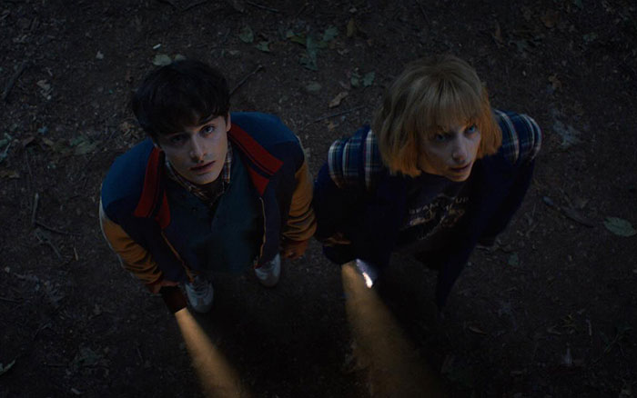 Two Stranger Things actors in a dark forest holding flashlights, highlighting challenges faced by child actors becoming adults. Two Stranger Things actors in a dark forest holding flashlights, highlighting challenges faced by child actors becoming adults.