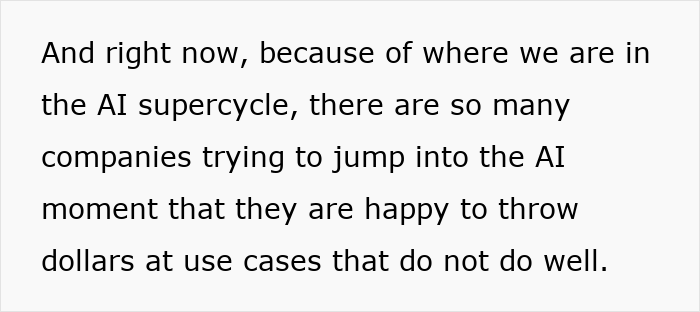 Text excerpt discussing the AI supercycle and companies investing in AI use cases despite poor performance.