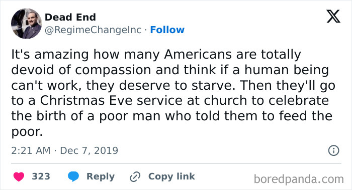Social media post criticizing lack of compassion in America related to poverty and compassion fight the patriarchy meme.