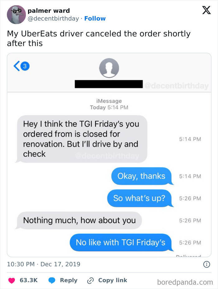 Text message exchange showing a delivery driver informing the restaurant is closed, funny messages from delivery drivers.