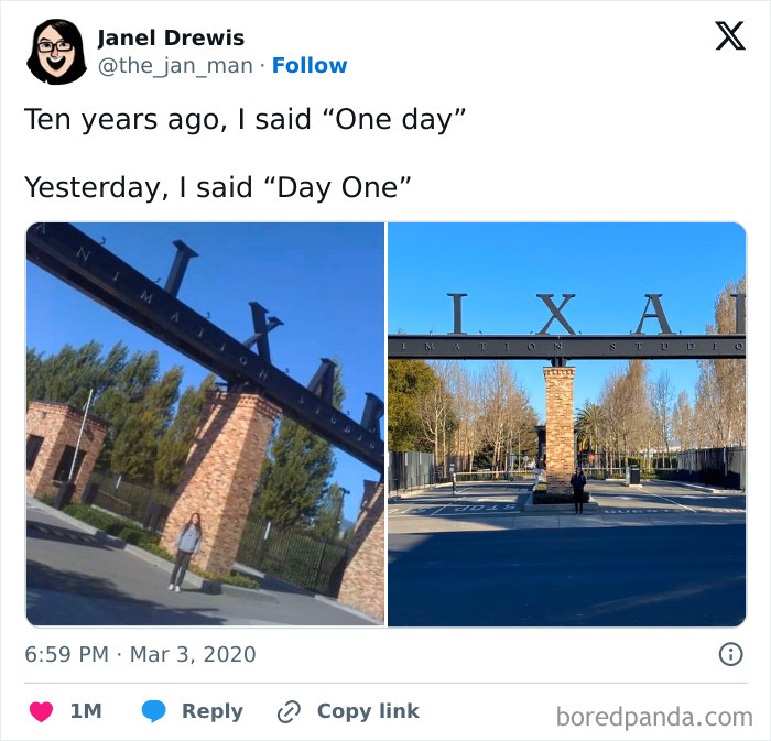 Person stands under landmark sign in two photos taken years apart showing turning dreams into reality and inspiring others online