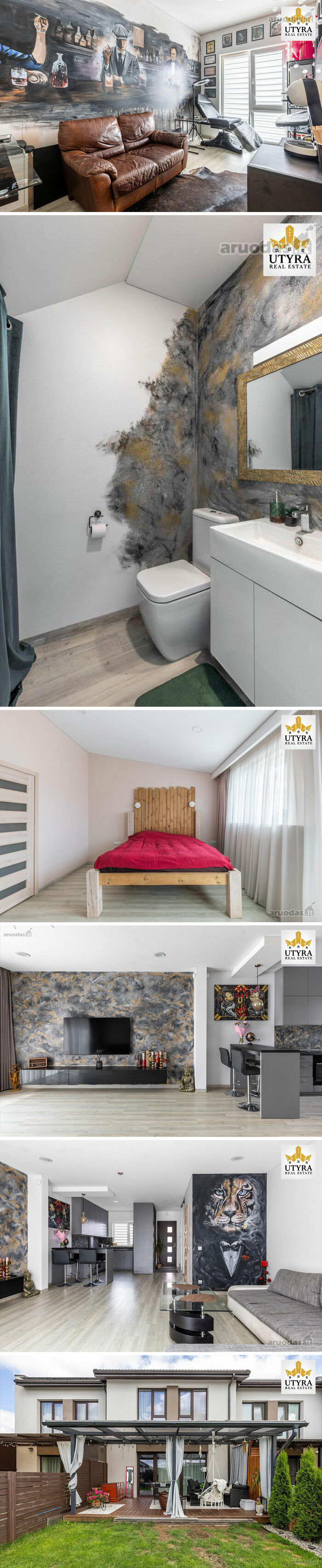 Interior and exterior views of wild real estate listings with unique murals, eclectic decor, and modern furnishings for sale.