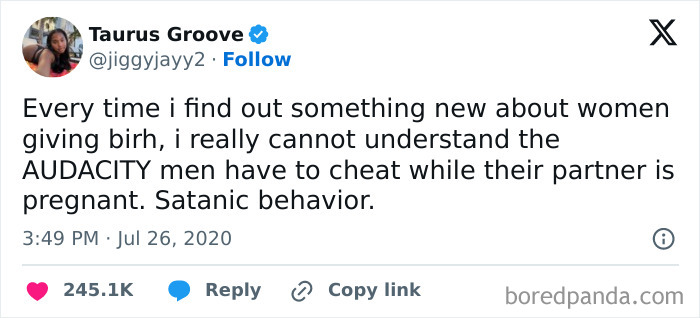 Tweet by Taurus Groove criticizing men who cheat during their partner’s pregnancy, showcasing savage women roasting men online.
