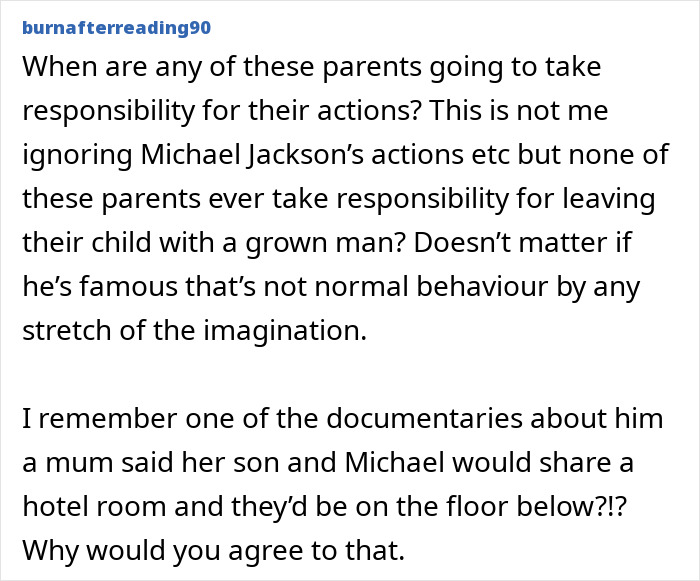 User comment discussing parents&rsquo; responsibility amid siblings&rsquo; disturbing new allegations against Michael Jackson.