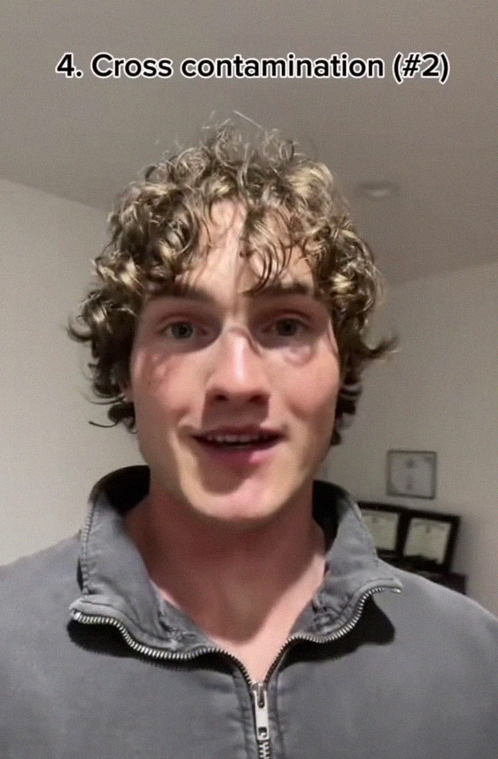 Young man with curly hair discusses wild American food creations that shocked and traumatized the internet, quirky expression shown. Young man with curly hair discusses wild American food creations that shocked and traumatized the internet, quirky expression shown.