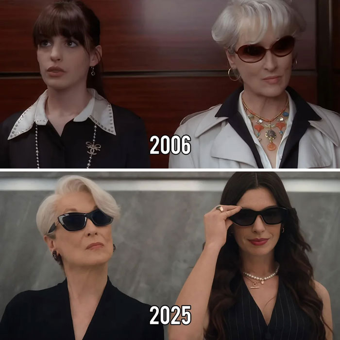 Two scenes from movies in 2006 and 2025 showing changes in color grading reflecting millennial gray trend in modern movies.