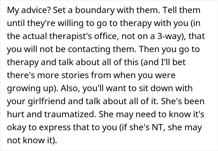Text image advising to set boundaries and seek therapy when entitled parents treat autistic brother as golden child, ignoring creepy behavior.