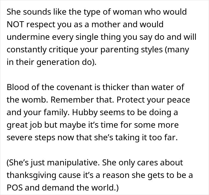 Text discussing a possessive and selfish mother-in-law undermining parenting and family peace, highlighting son's choice.