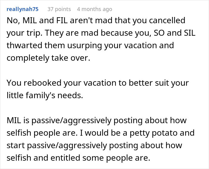 Comment explaining how MIL is passive-aggressively posting after being outplayed on a couple&rsquo;s vacation takeover.