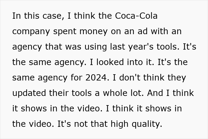 Text critique on Coca-Cola holiday commercial using AI tools, highlighting lack of high quality and outdated agency methods.