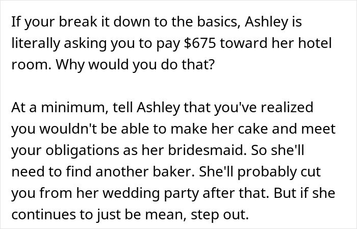 Text discussing a bride asking her bridesmaid to pay $675 for a hotel room to upgrade honeymoon plans.