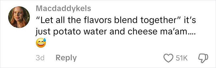 Screenshot of a social media comment humorously critiquing a wild American food creation with potato water and cheese. Screenshot of a social media comment humorously critiquing a wild American food creation with potato water and cheese.