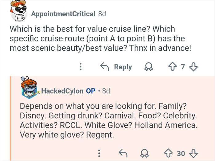 Cruise ship employees discussing the best cruise lines and routes based on value and passenger preferences.