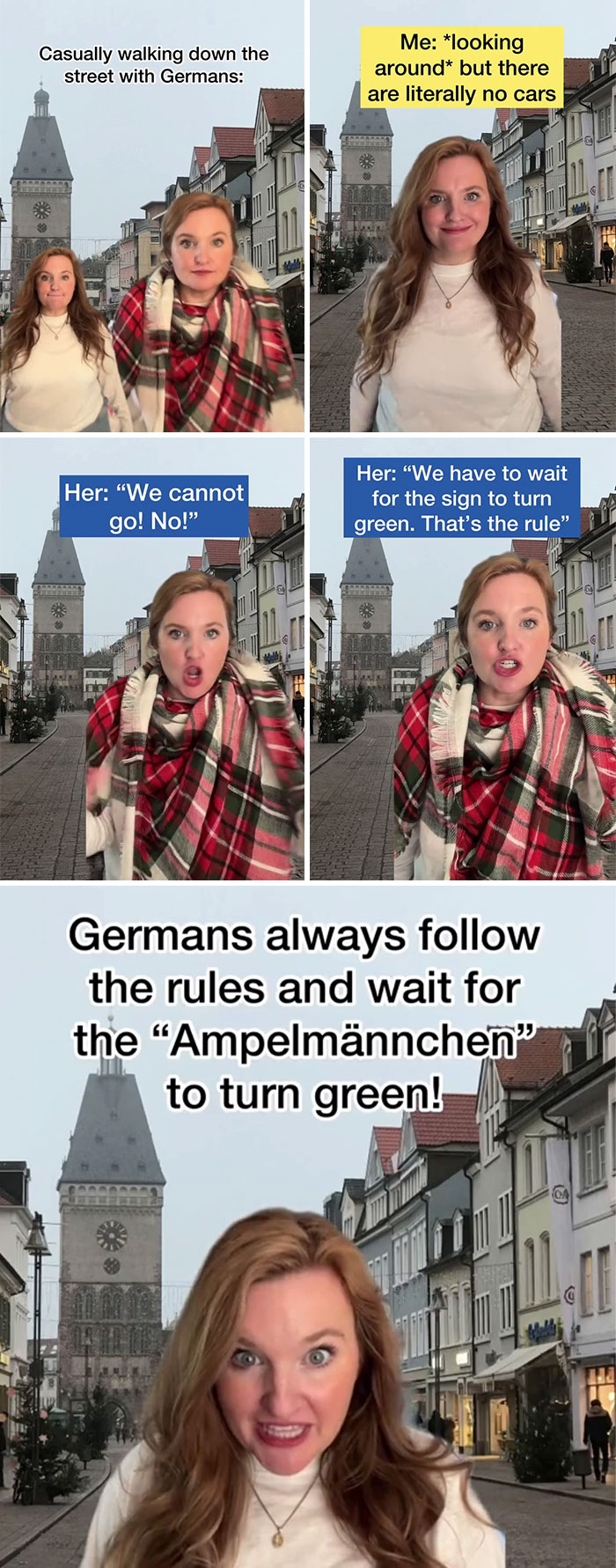 Woman in Germany explains how Germans always follow the rules and wait for the Ampelmännchen to turn green while walking.
