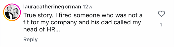 TikTok comment about firing an employee whose parent contacted the head of HR, highlighting Gen-Z relying on parents at work.