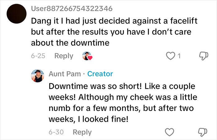 Woman shares her aging progress and how she looks after getting a facelift at 70 years old through comments.