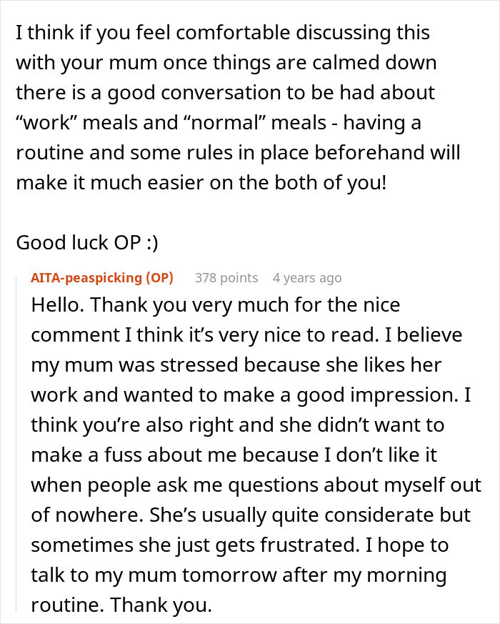 Screenshot of a Reddit comment discussing stress during a dinner with mom’s boss and concerns about ruining the meal. Screenshot of a Reddit comment discussing stress during a dinner with mom’s boss and concerns about ruining the meal.