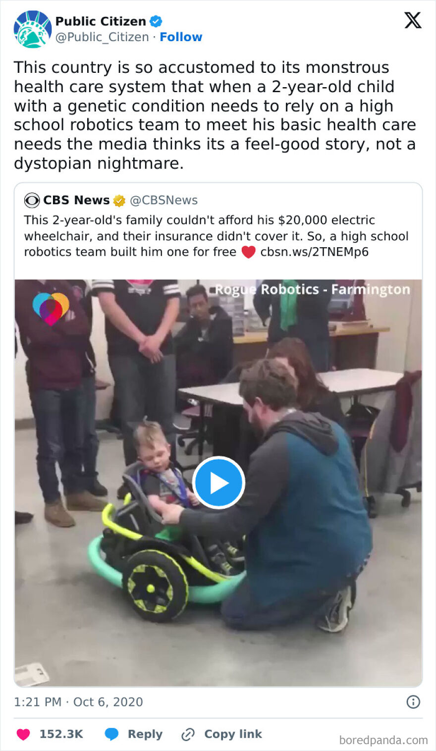 High school robotics team presents custom electric wheelchair to 2-year-old child in a wholesome post.