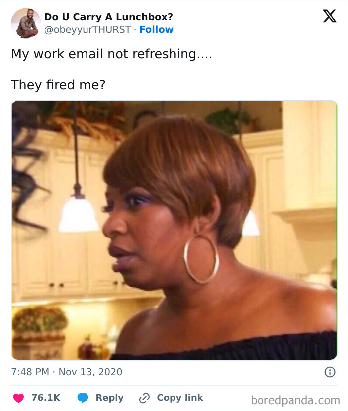 Woman with short hair and hoop earrings reacting to a tweet about work email not refreshing at a job.