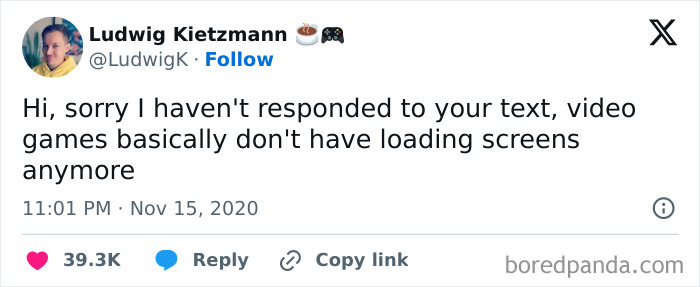 Tweet from Ludwig Kietzmann joking about how video games no longer have loading screens, relevant for funny memes for dads who want to game in peace.