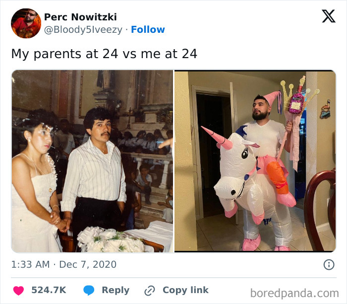 Side-by-side comparison of young adults and parents at 24, showing relatable student and young adult life moments.