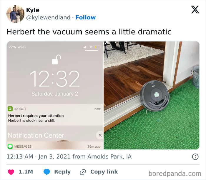 Tweet showing a robotic vacuum stuck near a door, illustrating relatable moments from students and young adults' interesting lives.