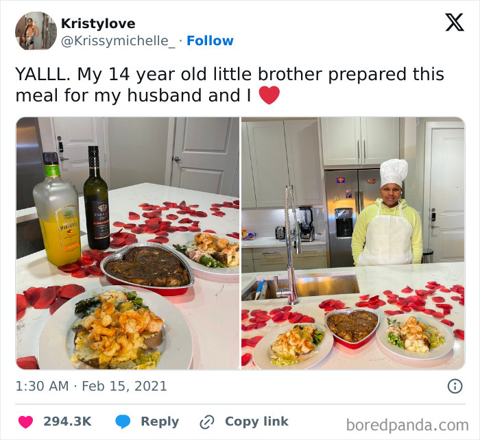 Teen boy wearing chef hat and apron stands in kitchen with heart-shaped meal, showcasing sibling gratitude and homemade dinner.