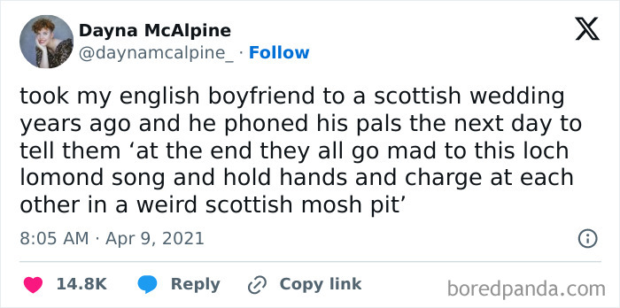 Tweet about a bizarre Scottish wedding mosh pit to a Loch Lomond song, capturing hilarious and unhinged Scottish posts online.